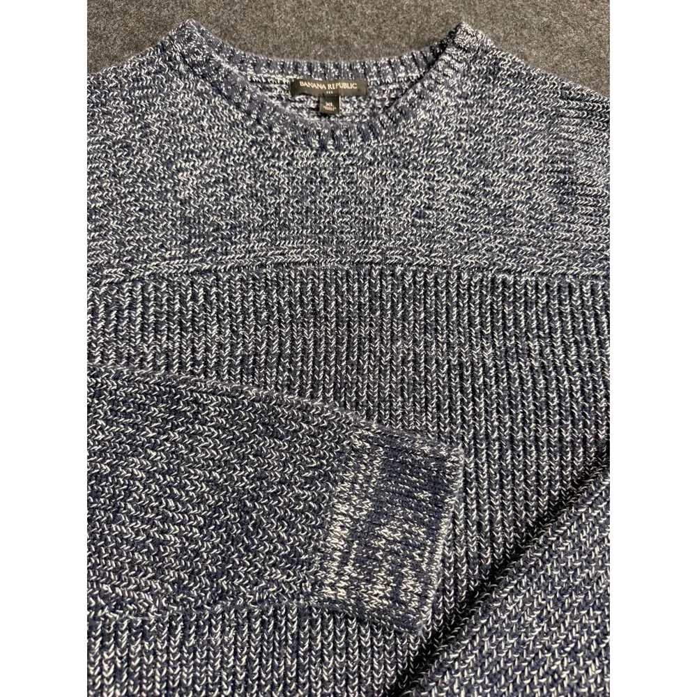 Banana Republic Mens XL Navy Blue Marled Chunky Knit Cotton Fisherman Sweater